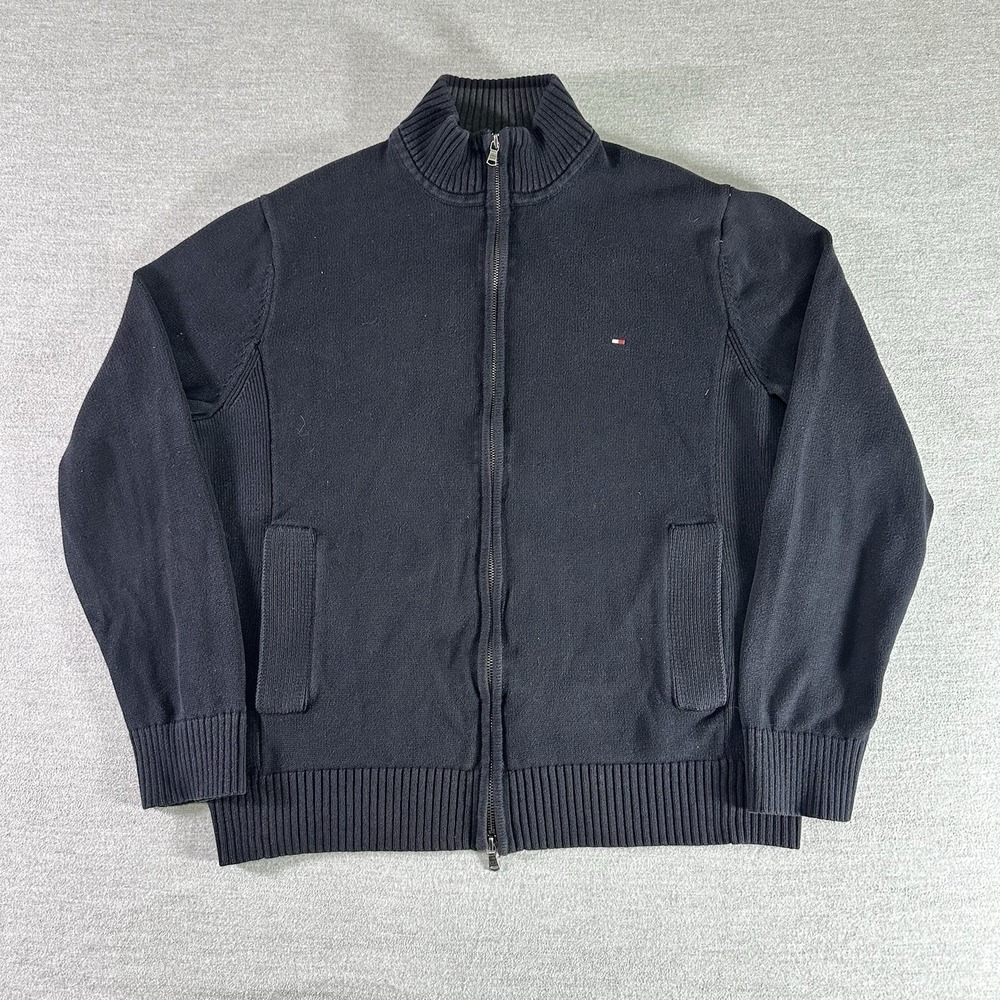 Tommy Hilfiger‎ Sweater Mens Size Large Black Full Zip Knit Mock Neck Pockets